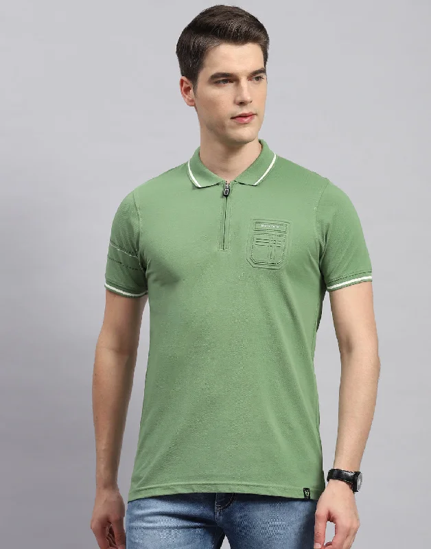 Sleek Casualwear Men Olive Printed Polo Collar Half Sleeve T-Shirt