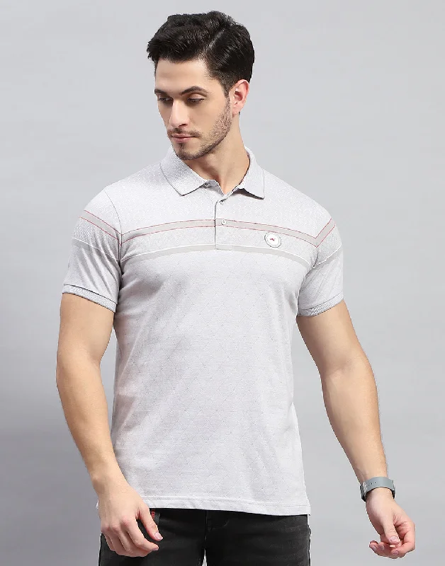 Modern Pastels Men Grey Stripe Polo Collar Half Sleeve T-Shirt