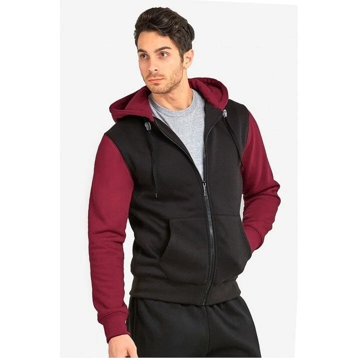 Elegant Casual KNOCKER Men's Hooded Full Zip Two Tone Sweater - Black Burgundy