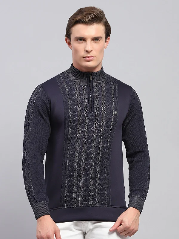 Classic Neutrals Men Navy Blue Self Design Mock Neck Full Sleeve Pullover