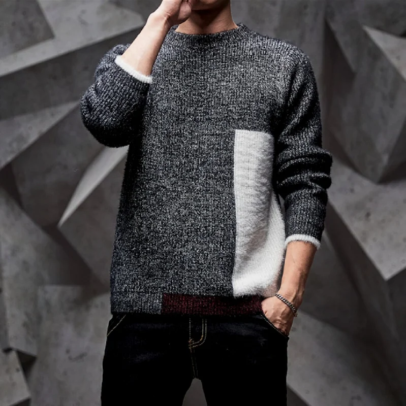 Earthy Minimalism Mens Round Neck Color Block Sweater