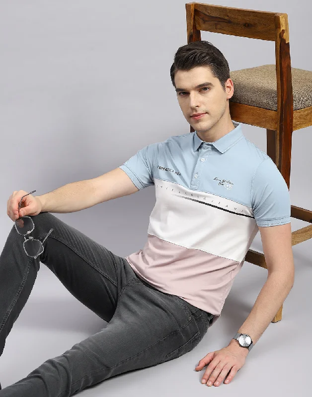 Simplified Streetwear Men Pink Printed Polo Collar Half Sleeve T-Shirt