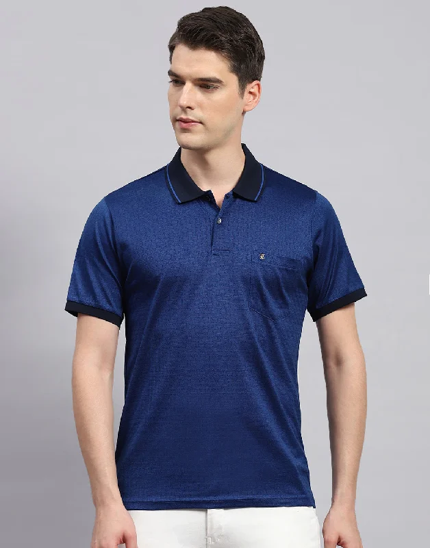 Sophisticated Weekend Men Navy Blue Stripe Polo Collar Half Sleeve T-Shirt