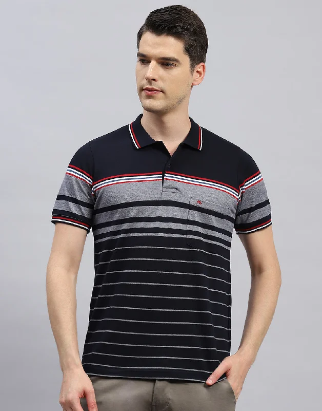 Neutral Patterns Men Navy Blue Stripe Polo Collar Half Sleeve T-Shirt