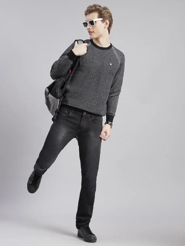 Streetwear Fusion Men Black Solid Round Neck Full Sleeve Sweaters/Pullovers