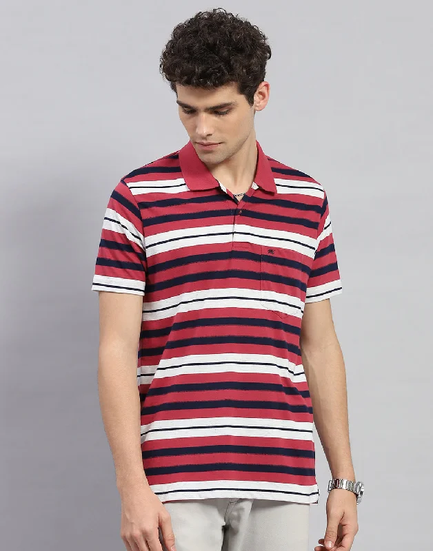 Classic Comfort Men Red Stripe Polo Collar Half Sleeve T-Shirt