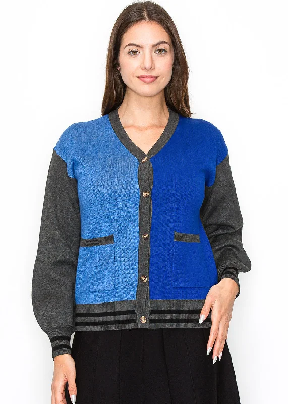 Blue and Grey Color-Block Cardigan