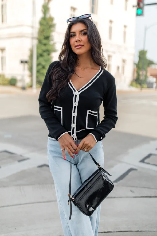 Gives Me Time Black and Ivory Contrast Trim Cardigan