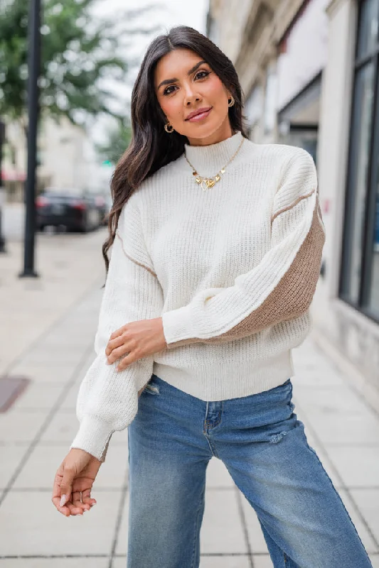 Heading To Town Ivory and Taupe Two Tone Mock Neck Sweater