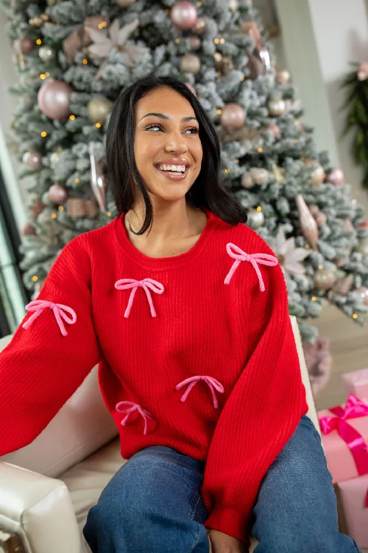 Knot Your Average Bow Red Embroidered Bow Sweater