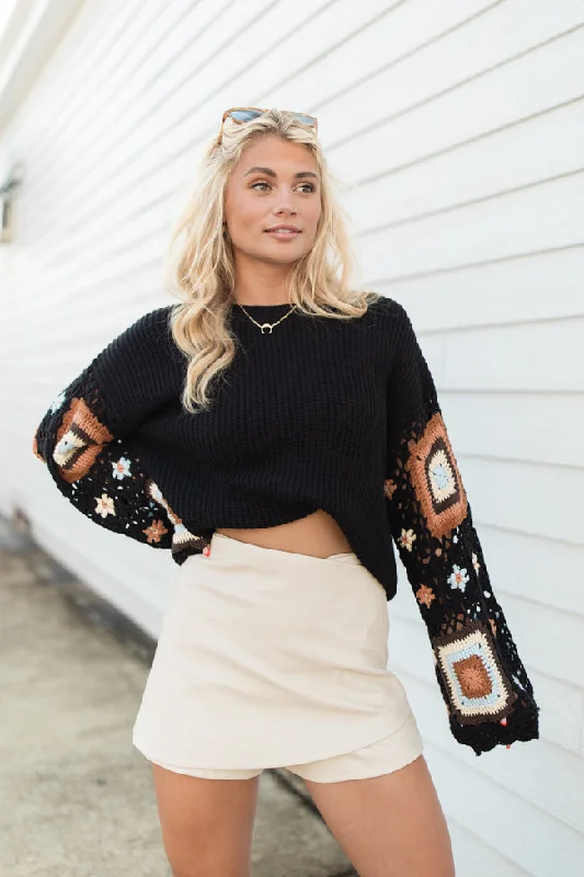 Let's Figure It Out Black Crochet Sleeve Sweater