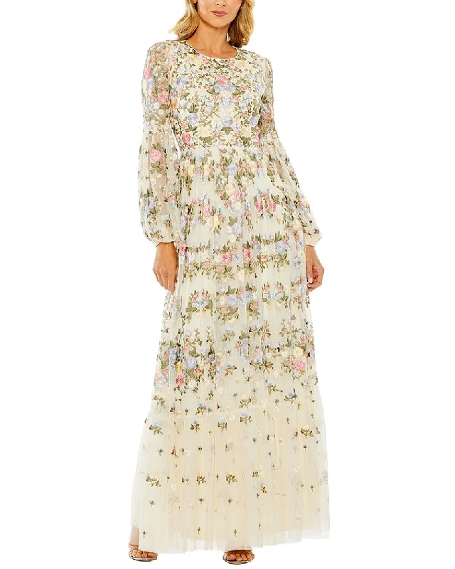 Mac Duggal High Neck Floral Embroidered Puff Sleeve Gown