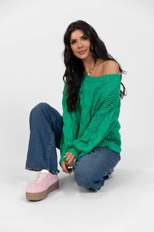 Make It Right Green Wide Neck Cable Knit Sweater