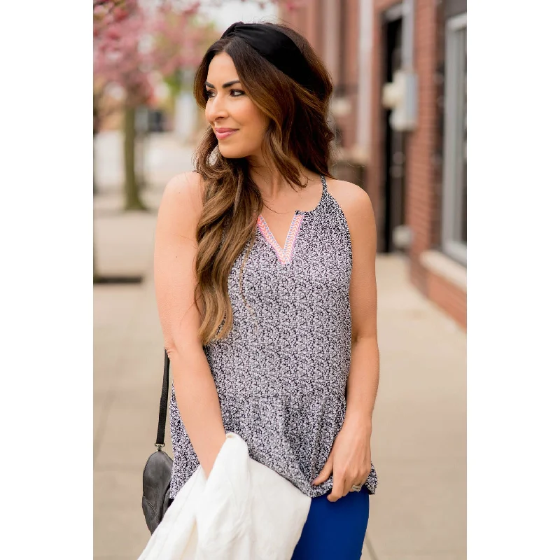 Mini Floral Embroidered V Peplum Tank