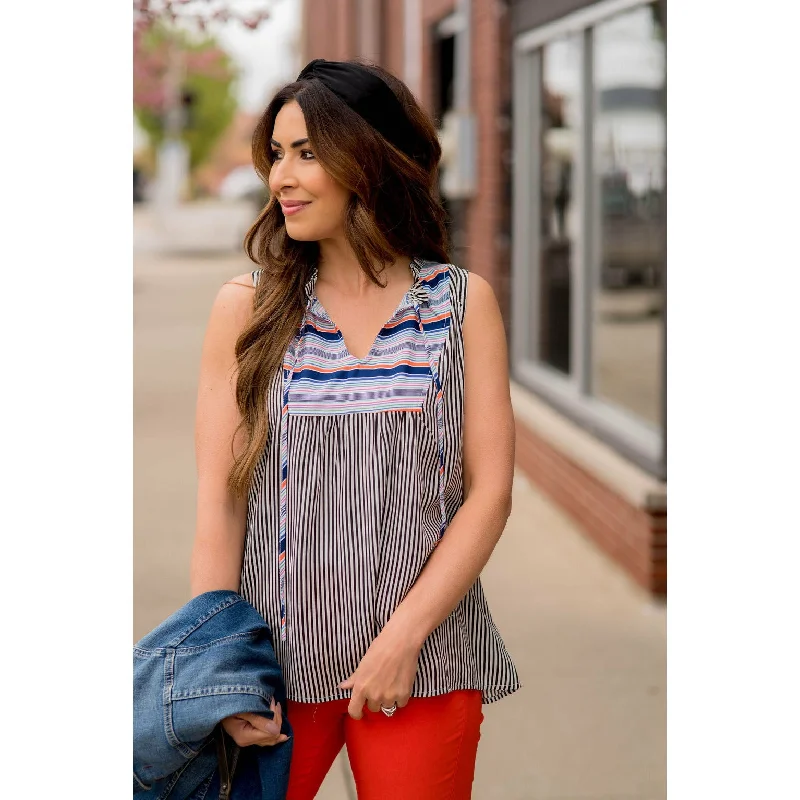 Mixed Stripes Tie Neck Tank