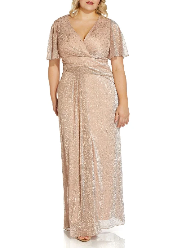 Plus Womens Metallic Draped Evening Dress