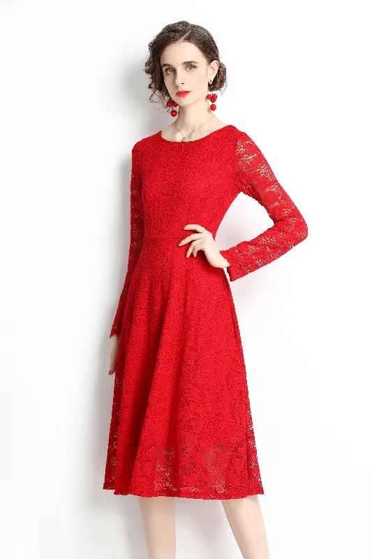 Red Evening Lace A-line Boatneck Long Sleeve Midi Classic Dress