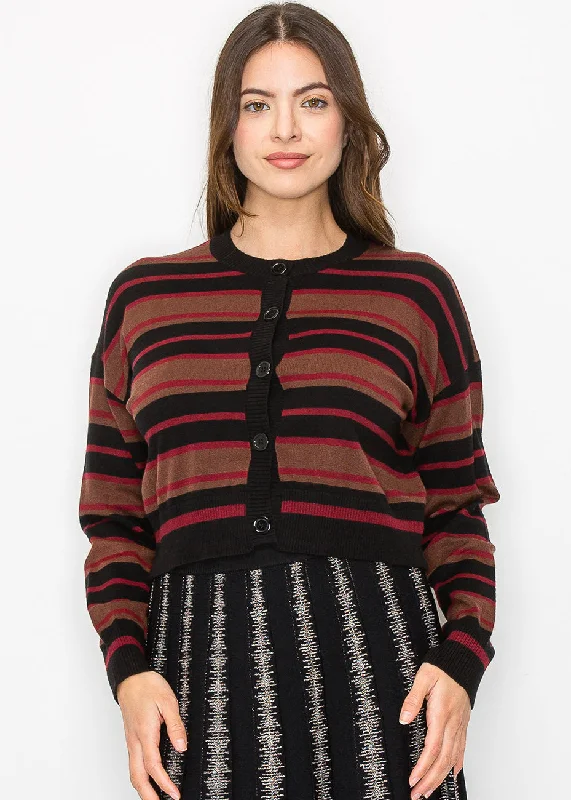 Striped Burgundy & Black Cropped Cardigan