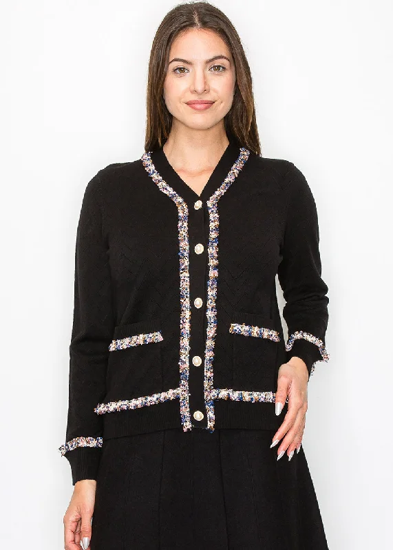 Textured Black Cardigan with Multi-Color Trim