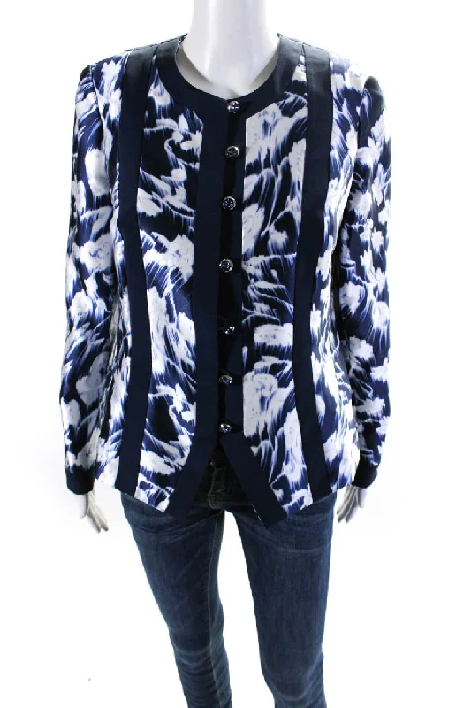 Akira Womens Tie Dye Print Jeweled Button Long Sleeve Blazer Jacket Blue