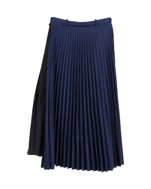 Balenciaga Pleated Midi Skirt in Navy Blue Polyester