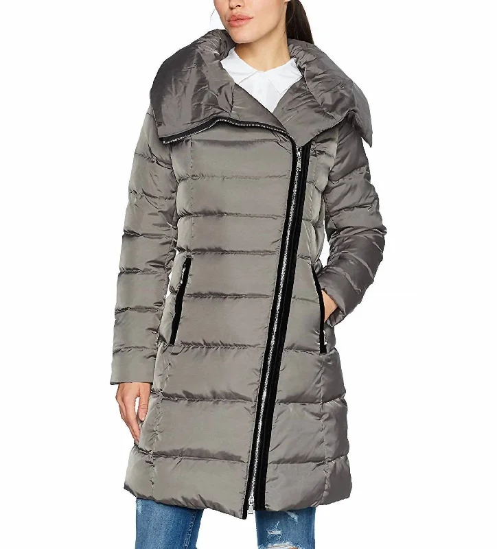 Brooklyn Asymmetric Long Puffer Coat In Mink Gray