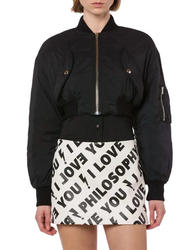 Nylon Cropped Bomber Jacket In Black