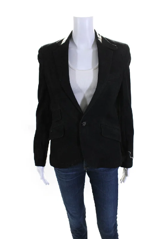 Ralph Lauren Black Label Womens Denim Leather Trim Blazer Jacket Black