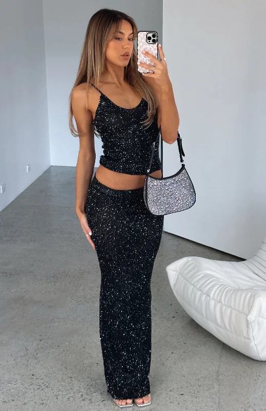 Star Shining Sequin Knit Maxi Skirt Black