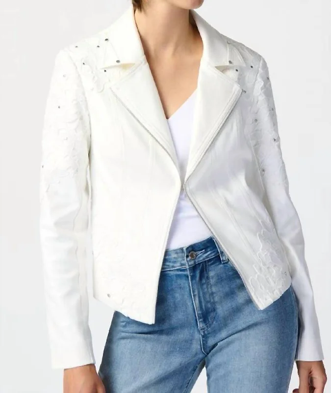 Studded Suede Floral Applique Jacket In White