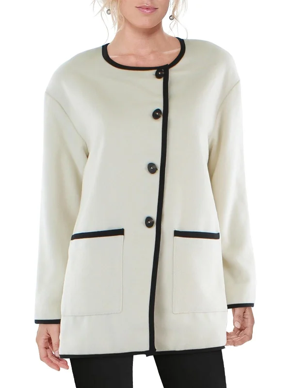 Womens Contrast Trim Fleece Pea Coat