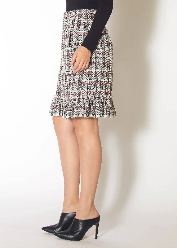 Women's Plaid Tweed Zipper Front Skirt in Black Red Tweed