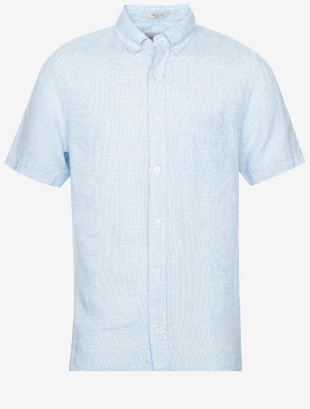 Regular Linen Houndstooth Short Sleeve Shirt Capri Blue